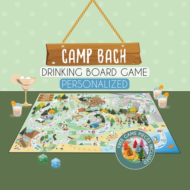 May include: A personalised "Camp Bach" drinking board game with a colourful illustrated design. The game board features a winding path with various scenes, dice, game pieces, and cocktail glasses. The sign above the board reads "Camp Bach Drinking Board Game Personalized."