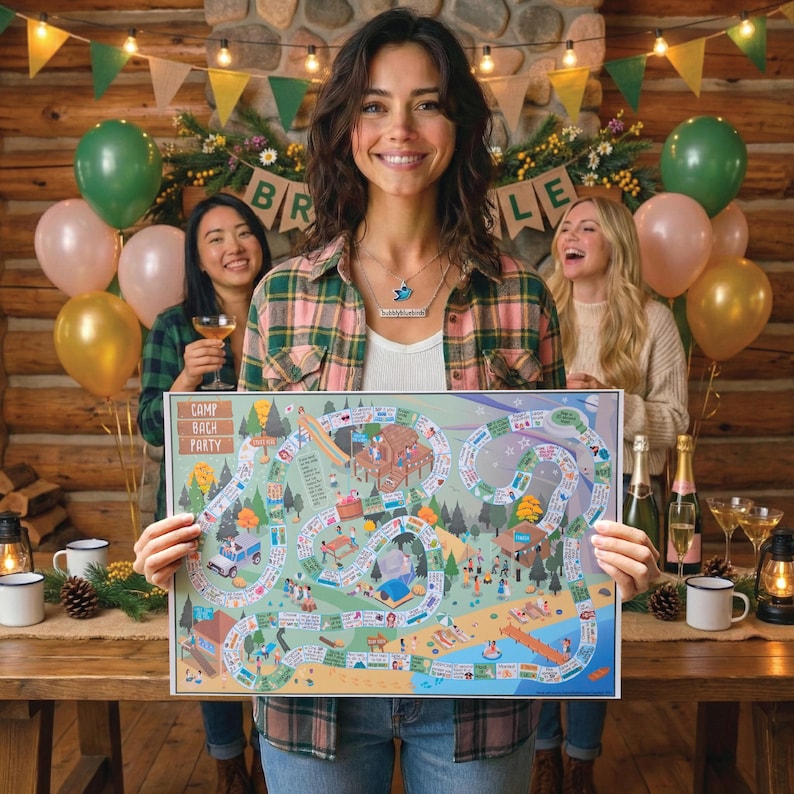 May include: A woman holds a colourful board game with the text "Camp Bach Party". The game features a winding path with illustrations of camping and party activities. The background includes balloons, a banner, and a wooden cabin setting.