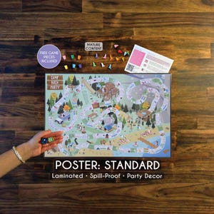 May include: A laminated, spill-proof party decor poster with a board game design. The poster features a colourful illustration of a camping scene with a winding path. Includes free game pieces. The text on the poster reads "CAMP BACH PARTY" and "POSTER: STANDARD".