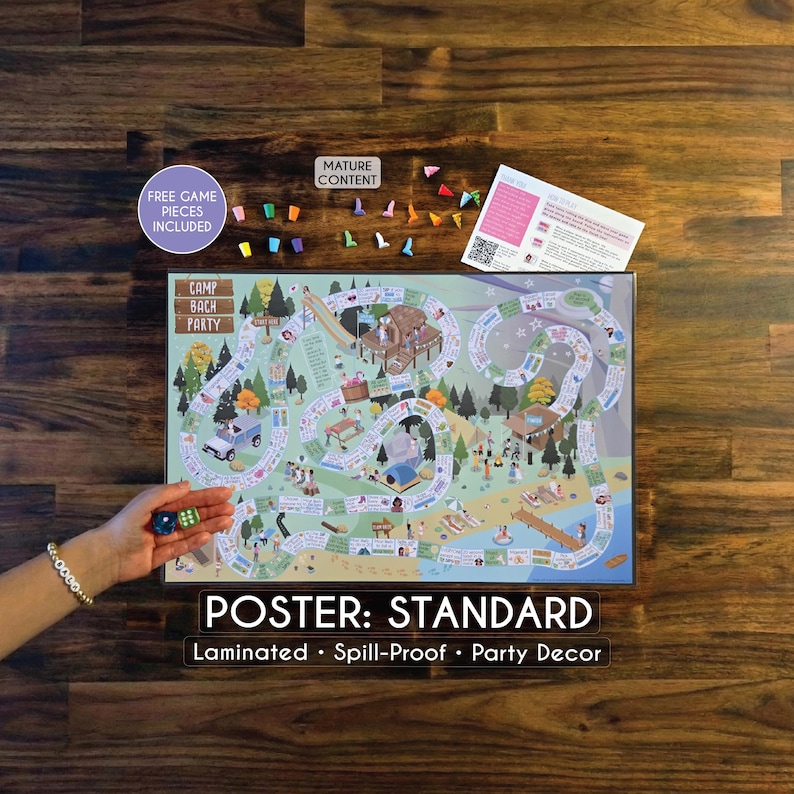 May include: A laminated, spill-proof party decor poster with a board game design. The poster features a colourful illustration of a camping scene with a winding path. Includes free game pieces. The text on the poster reads "CAMP BACH PARTY" and "POSTER: STANDARD".