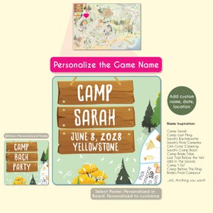 May include: A personalised camp-themed poster with the text "CAMP SARAH JUNE 8, 2028 YELLOWSTONE". The design includes wooden sign elements, trees, and a map. The poster is designed for customisation, with options for name, date, and location.