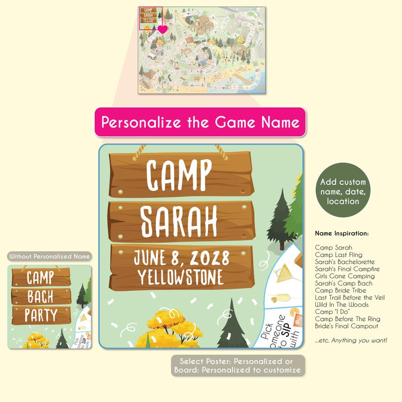 May include: A personalised camp-themed poster with the text "CAMP SARAH JUNE 8, 2028 YELLOWSTONE". The design includes wooden sign elements, trees, and a map. The poster is designed for customisation, with options for name, date, and location.