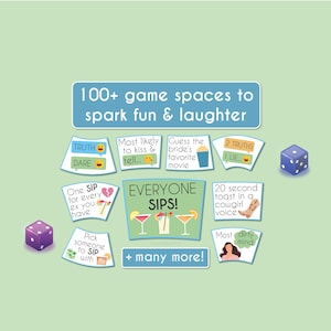 May include: A fun party game with a light green backdrop, featuring game cards and two dice. The cards have prompts such as "Truth or Dare," "Most likely to kiss," and "2 Truths." The text "Everyone Sips!" is displayed prominently.