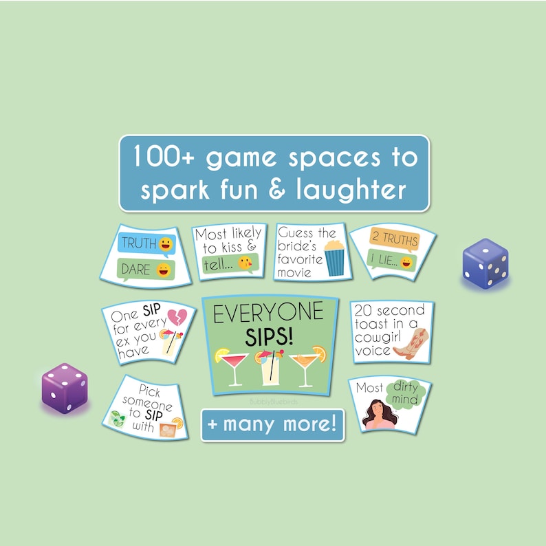 May include: A fun party game with a light green backdrop, featuring game cards and two dice. The cards have prompts such as "Truth or Dare," "Most likely to kiss," and "2 Truths." The text "Everyone Sips!" is displayed prominently.