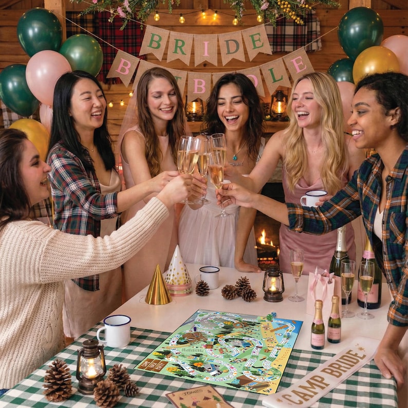 May include: A hen party celebration with women toasting with champagne. The scene is decorated with balloons, a banner that says "BRIDE", and a board game. The table is covered with a green and white checkered tablecloth. There are also party favors.