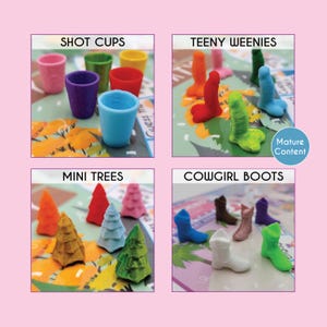 May include: A set of colorful miniature party supplies, including shot cups, tiny hot dogs, mini trees, and cowboy boots. The items are made of plastic and are perfect for a fun and festive party.