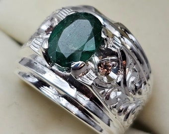 Natural Emerald Ring, Mens Emerald Ring, Rich Green Emerald Ring 925 Sterling Silver Handmade Ring, Emerald Gift Ring
