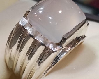Handcrafted Sterling Silver White Agate Ring - Aqeeq Gemstone