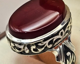 Aqeeq Ring For Men, Natural agate Ring, 925 Sterling Silver Yemeni Aqeeq Ring Shia Ring
