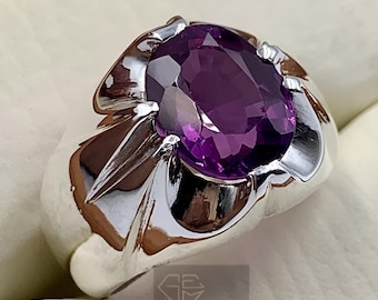 Handcrafted Amethyst Sterling Silver Ring for Men