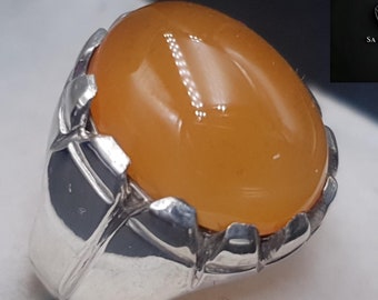 Aqeeq Ring For Men, Natural Agate Rings, 925 Sterling Silver Handmade Yemeni Aqeeq Ring Shia Ring, Yellow Agate