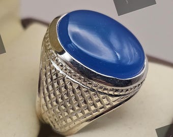 Aqeeq Ring For Men, Natural Agate Rings, 925 Sterling Silver Handmade Yemeni Aqeeq Ring Shia Ring, Blue Agate Ring