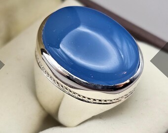 Aqeeq Ring For Men, Natural Agate Rings, 925 Sterling Silver Handmade Yemeni Aqeeq Ring Shia Ring, Blue Agate