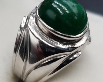 Handmade Emerald Cabochon Ring: 14k White Gold Mens Jewelry