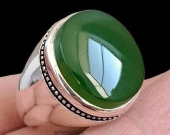 Anel Aqeeq Masculino, Anéis de Ágata Natural, Anel Aqeeq Iemenita de Prata Esterlina 925, Anel Xiita, Anel de Ágata Verde