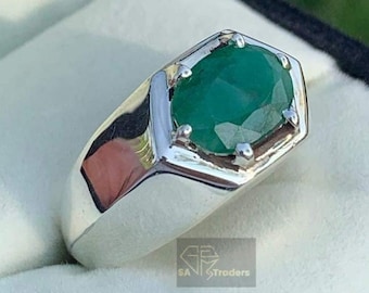 Handmade Natural Emerald Ring: 925 Sterling Silver Mens Band