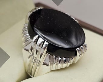 Mens Black Aqeeq Ring: Handmade 925 Sterling Silver Yemeni Agate