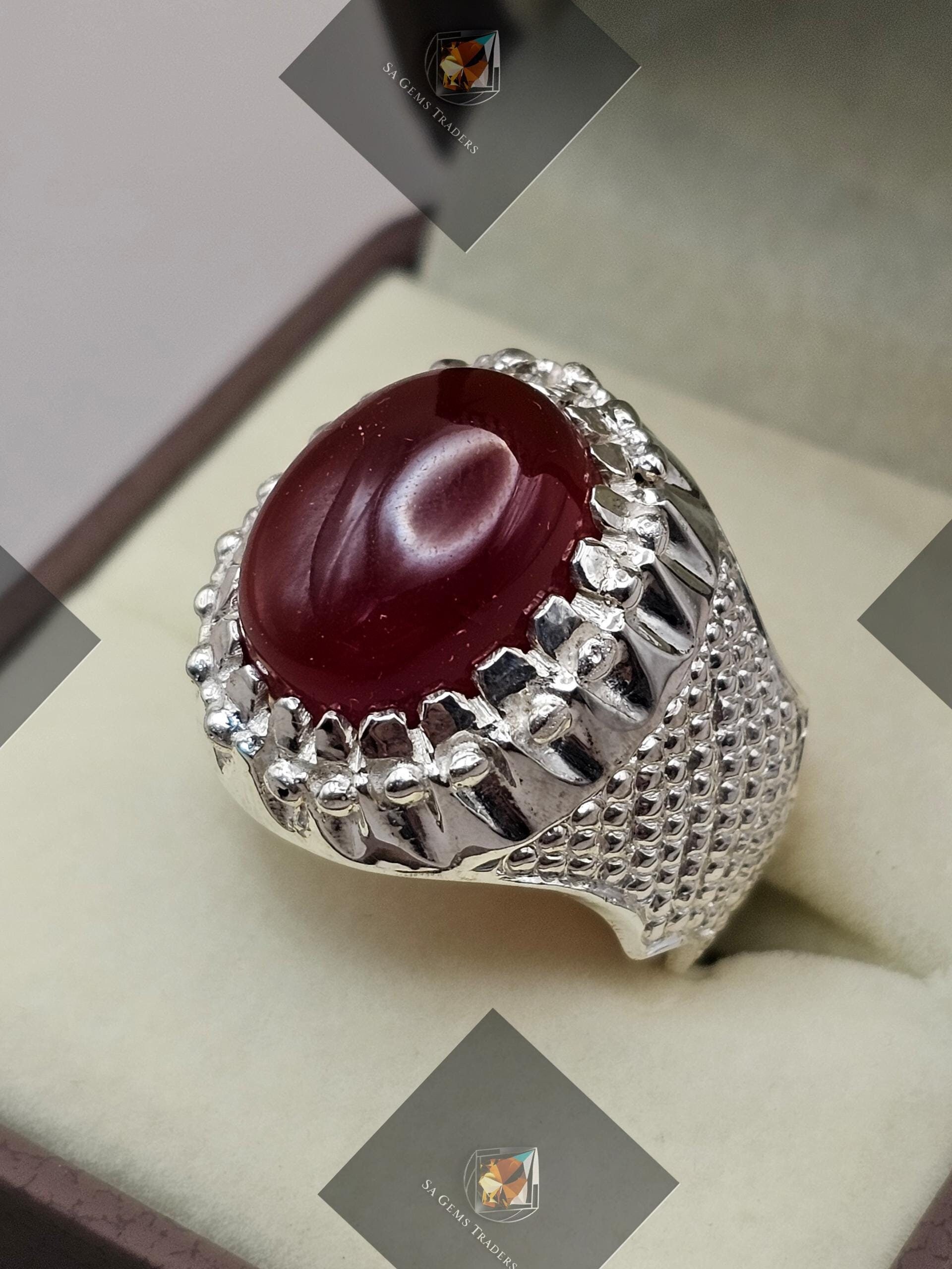 925スターリングシルバー メンズリング、瑪瑙天然宝石、サイズ(11 