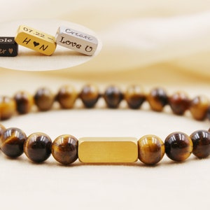 Personalized Beaded Bracelet, 8mm Tiger Eye Gemstone Bracelet, Laser Engraved Bracelet, Customized Beaded Bracelet, Personalized