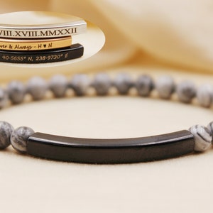 Personalized Beaded Bracelet, 6mm Gray Jasper Gemstone Bracelet, Laser Engraved Bracelet, Customized Beaded Bracelet, Personalized Gifts