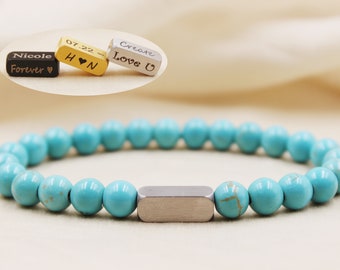 Personalized Beaded Bracelet, 8mm Blue Howlite Gemstone Bracelet, Laser Engraved Bracelet, Customized Beaded Bracelet, Personalized Gifts