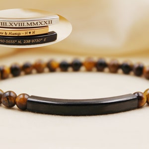 Personalized Beaded Bracelet, 6mm Tiger Eye Gemstone Bracelet, Laser Engraved Bracelet, Customized Beaded Bracelet, Personalized Gifts