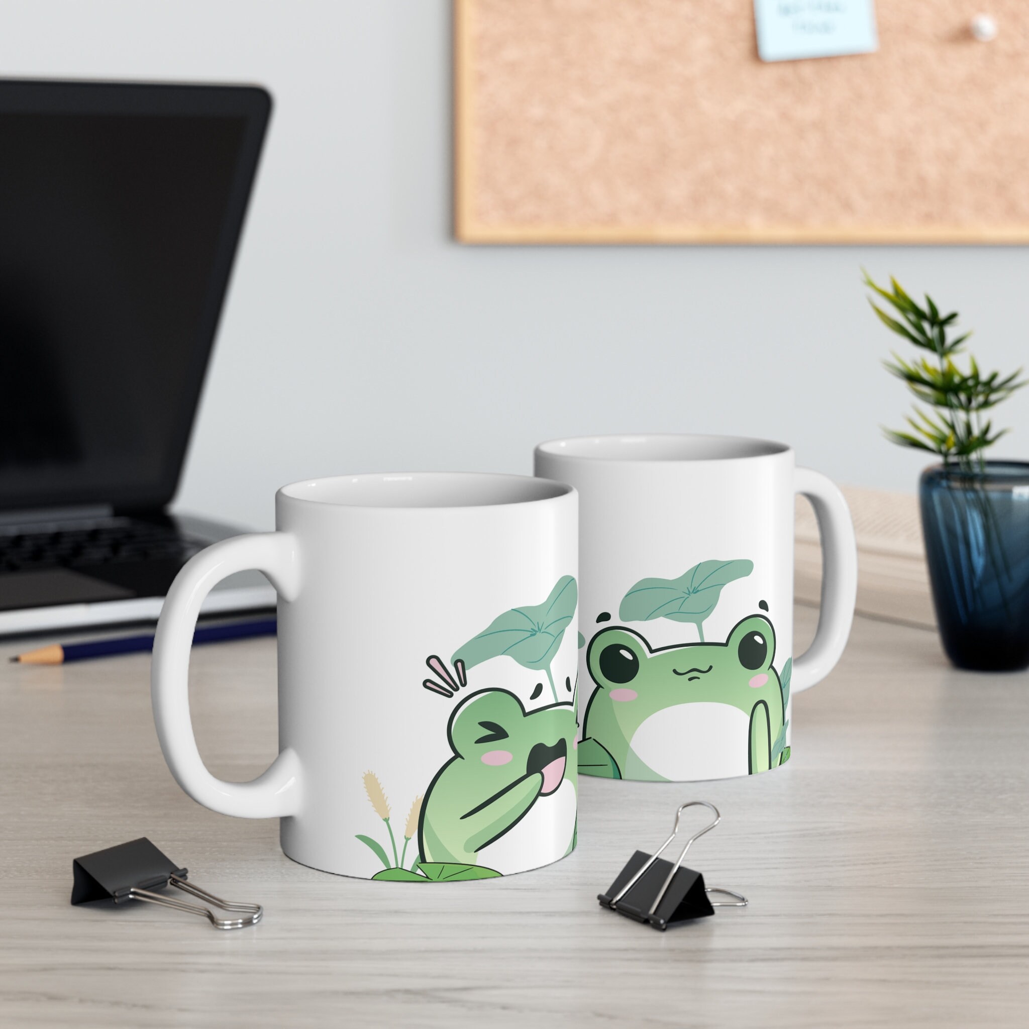 Frog Mug, Green Kawaii Frog Design on Ceramic Mug, Gift for Frog Lover ...