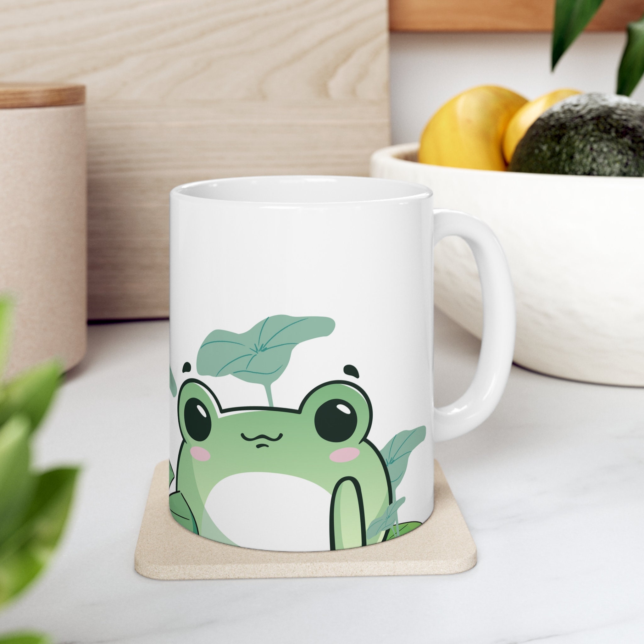Frog Mug, Green Kawaii Frog Design on Ceramic Mug, Gift for Frog Lover ...