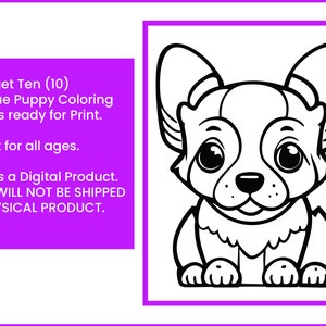 May include: Black and white line art illustration of a cartoon puppy sitting with its tongue sticking out. The puppy has big eyes and a cute expression. You get Ten (10) Unique Puppy Coloring Pages ready for Print. Great for all ages. This is a Digital Product. YOU WILL NOT BE SHIPPED A PHYSICAL PRODUCT.