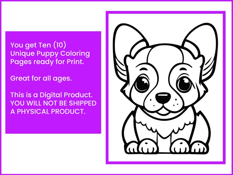 May include: Black and white line art illustration of a cartoon puppy sitting with its tongue sticking out. The puppy has big eyes and a cute expression. You get Ten (10) Unique Puppy Coloring Pages ready for Print. Great for all ages. This is a Digital Product. YOU WILL NOT BE SHIPPED A PHYSICAL PRODUCT.