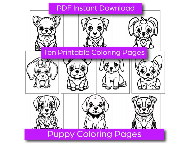 May include: Ten black and white printable colouring pages featuring cute puppy illustrations.  PDF Instant Download. Puppy Colouring Pages.