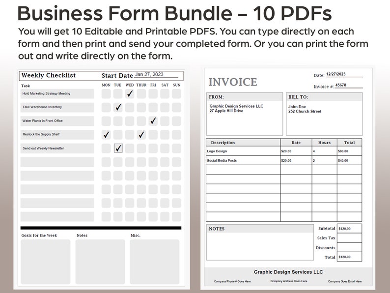 Invoice With Checkboxes Essential Business Forms Bundle - 10 Instant Download Office Form Pdfs ...