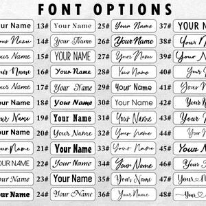 Pu&ograve; includere: Un grafico di 48 diversi stili di font per la frase "Your Name". Ogni stile di font &egrave; numerato da 1 a 48. Gli stili di font vanno dal semplice all'ornato.