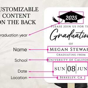 Pu&ograve; includere: Un annuncio di laurea bianco con testo nero. L'annuncio dice "Si prega di unirsi a noi per la laurea di Megan Stewart, laureata presso l'Universit&agrave; della California, Berkeley, CA. Dom 08 giu 2025."