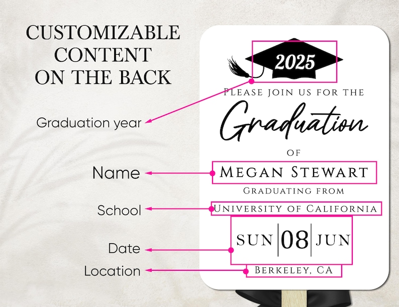 Pu&ograve; includere: Un annuncio di laurea bianco con testo nero. L'annuncio dice "Si prega di unirsi a noi per la laurea di Megan Stewart, laureata presso l'Universit&agrave; della California, Berkeley, CA. Dom 08 giu 2025."