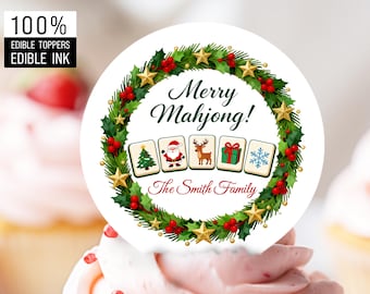 Christmas Mahjong Wreath Edible Wafers, Personalized Cupcake & Cocktail Toppers, Holiday Game Night Decor, Cocktail Toppers, Cupcake Decor
