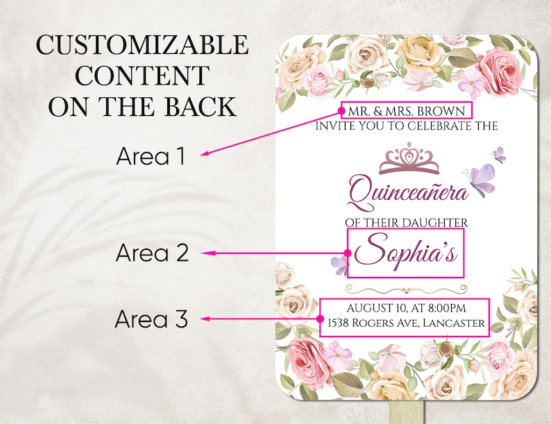 May include: A Quincea&ntilde;era invitation with floral accents. The invitation features the text "Mr. & Mrs. Brown invite you to celebrate the Quincea&ntilde;era of their daughter Sophia's". The date and location are also included.