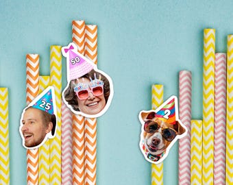 Personalized Birthday Face Straws/Custom Cocktail Straw with Photo/Bulk Funny Birthday Straws/Face Cutout Paper Straws/Birthday Party Decor