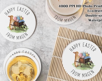 Happy Easter Personalized Coasters, Spring Bunny & Egg Coasters, Rustic Easter Floral Drink Mats, Party Decor, Kids-Friendly Easter Coasters