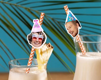 Custom Birthday Straw Favors/Personalized Photo Straws/Drink Straw with Face/Bulk Funny Face Straws/10th 20th 30th 50th Birthday Party Decor