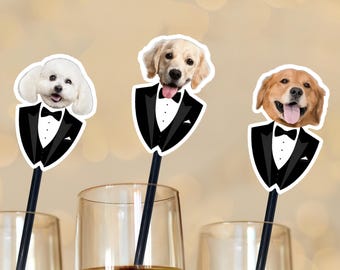 May include: Three dog-themed cocktail stirrers. Each stirrer features a different dog breed's head, including a Bichon Frise, a Golden Retriever, and a Labrador, all wearing black tuxedos with bow ties. The stirrers are black and are placed in clear glasses.