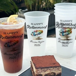 Bulk Personalized Happy Retirement Cups, Custom Shatterproof Frosted Cups, Retirement Party Cup Favors, Teacher Retirement Frosted Cup Favor