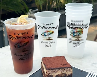 Bulk Personalized Happy Retirement Cups, Custom Shatterproof Frosted Cups, Retirement Party Cup Favors, Teacher Retirement Frosted Cup Favor