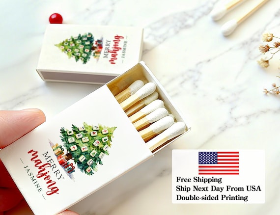 Merry Mahjong Matchbox, Personalized Mahjong Christmas Tree Matches, Custom Matches for Christmas Party, Holiday Favor Matchbook, Xmas Gifts