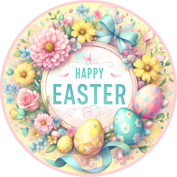 Happy Easter wreath sign, Easter wreath sign, wreath sign, round wreath sign, wreath accessory, floral wreath sign.