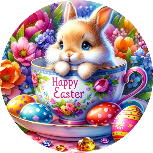 Happy Easter with bunny in teacup round wreath sign, wreath sign, round wreath sign, Happy Easter wreath sign, wreath accessory, Bunny