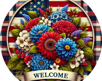 Patriotic wreath sign, Welcome wreath sign, Floral wreath sign, Independence Day wreath sign, 4th of July wreath sign, metal wreath sign