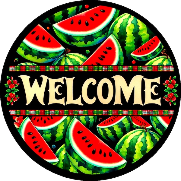 Welcome wreath sign, Watermelon wreath sign, Fruit wreath sign, Summer wreath sign, wreath sign, round wreath sign, metal wreath sign