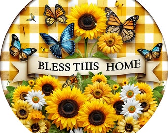 Summer wreath sign, Bless this Home wreath sign, Spring wreath sign, sunflower wreath sign, daisy wreath sign, butterfly wreath sign