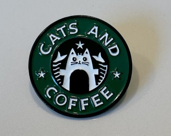 Coffee and Cats Enamel Pin | Fun Coffee Brooch, Green and White